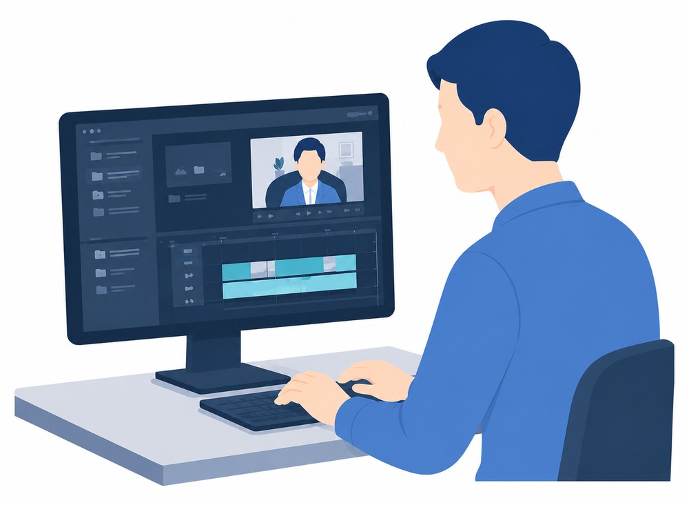 動画編集ソフトで投稿動画を編集しているイラスト
