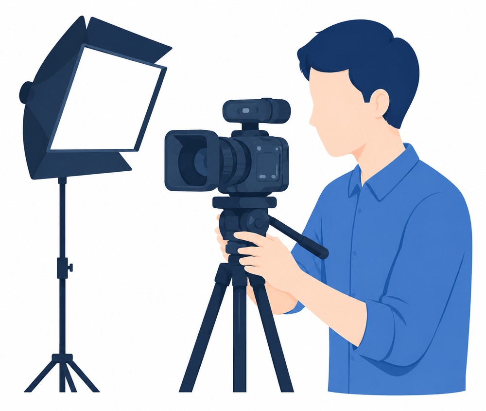 カメラと照明で動画を撮影しているイラスト