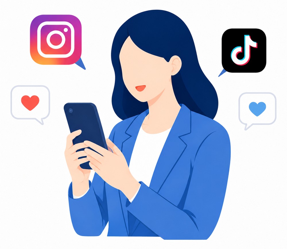 スマートフォンでSNSに投稿し反応を得ているイラスト